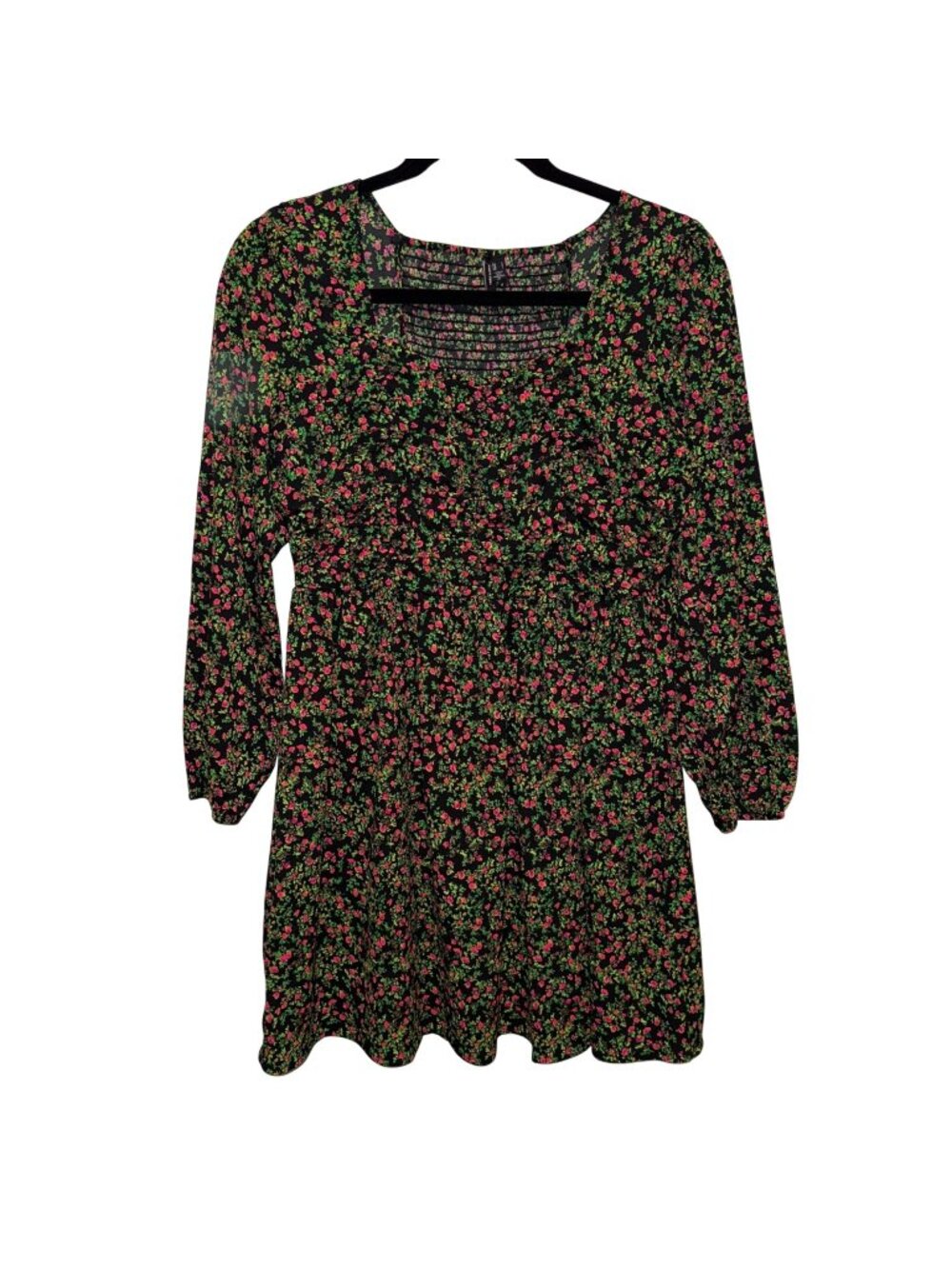 Vero Moda Black Floral Long-Sleeve Smocked Babydoll Dress Size L Summer